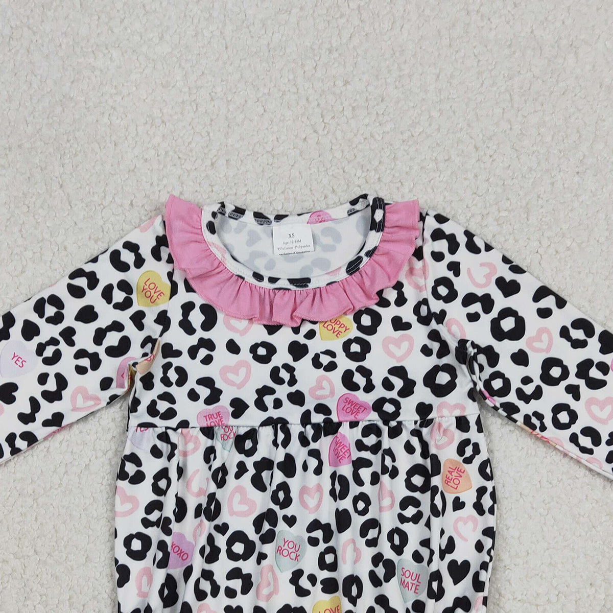 12.22 RTS NO MOQ （In stock）LR2638 Baby Girls Winter Rompers Baby Girls Leopard Hearts Valentines Ruffle Collar Rompers