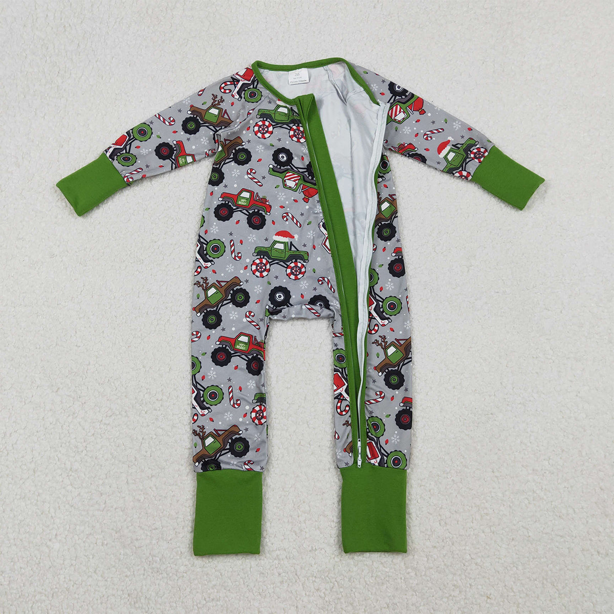 11.3 RTS NO MOQ （In stock）LR2669 Baby Boys Winter Rompers Baby Boys Trucks Candy Cane Christmas Two Way Zip Convertible