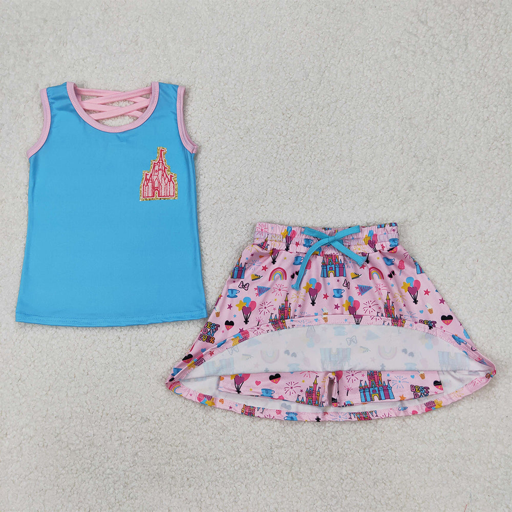 4.30 GSD2072  RTS NO MOQ Blue sleeveless castle top skirt toddler girls clothes