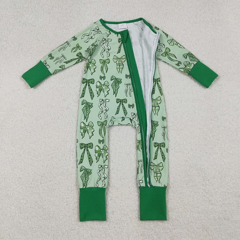 9.29 RTS NO MOQ （In stock） 6-12m-7-8t GLP2840 Baby Girls Winter Outfits Baby Girls Green Clovers Leopard Bows Top Pants St Patrick Pajamas Sets