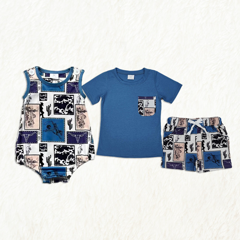 6.05 Western Boys Rodeo Cactus Short Sleeve Pocket Top Matching Shorts Set Casual Country Style Children's Clothing
