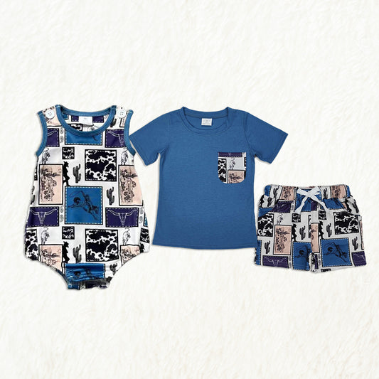 6.05 Western Boys Rodeo Cactus Short Sleeve Pocket Top Matching Shorts Set Casual Country Style Children's Clothing