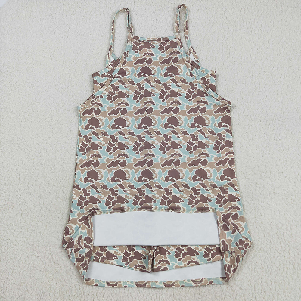 8.22 RTS NO MOQ （In stock）GSD2734 Adult Women Western Khaki Camo Strap Pockets Yoga Activity Shorts Dresses