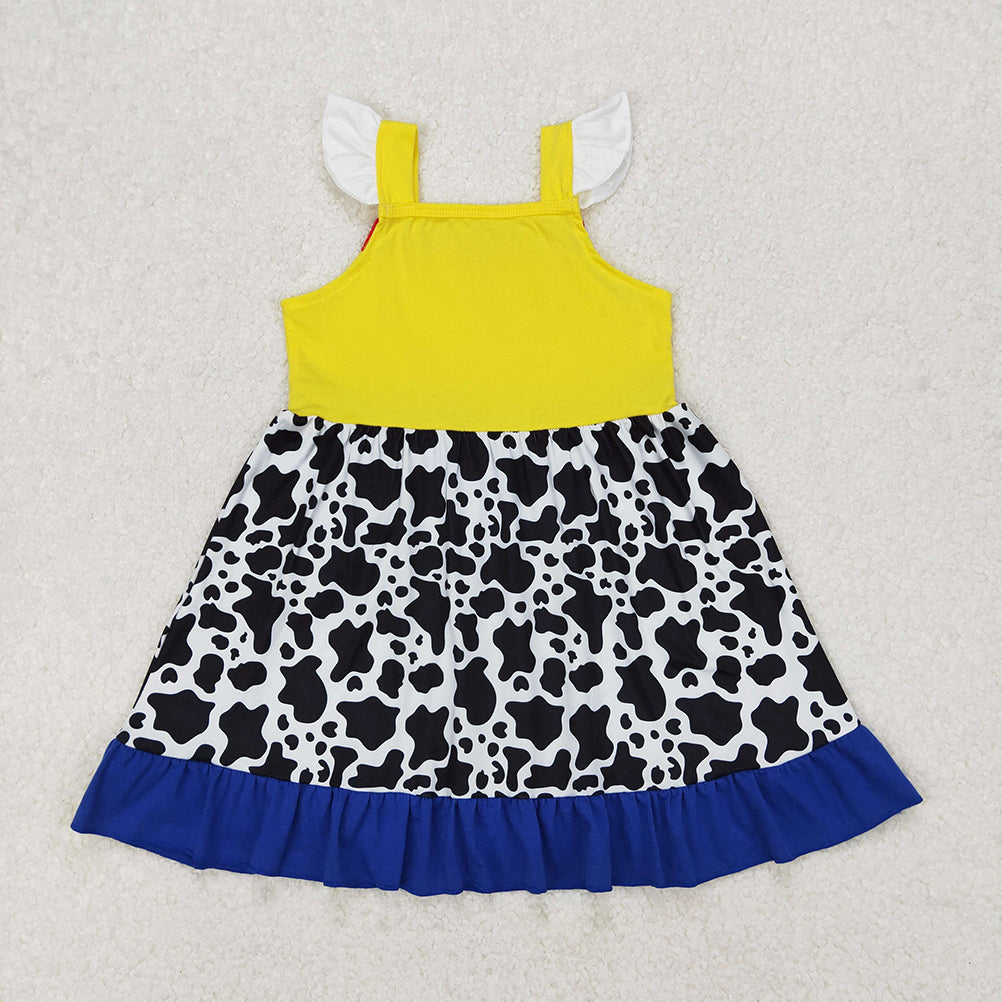 GSD1881 RTS NO MOQ Yellow cow print flutter sleeves ruffle baby girls dress