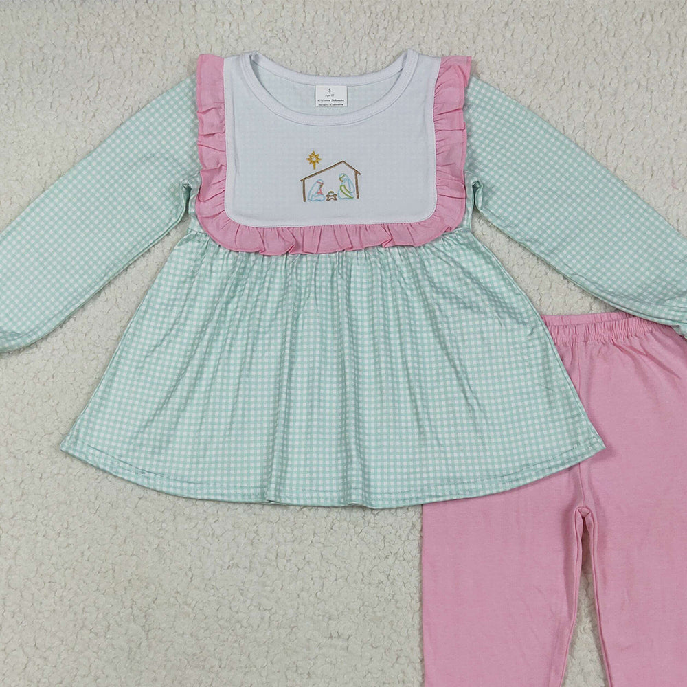 RTS NO MOQ （In stock） GLP2410 Baby Girls Winter Outfits Baby Girls Blue Christmas Nativity Jesus Tunic Pink Legging Pants Sets