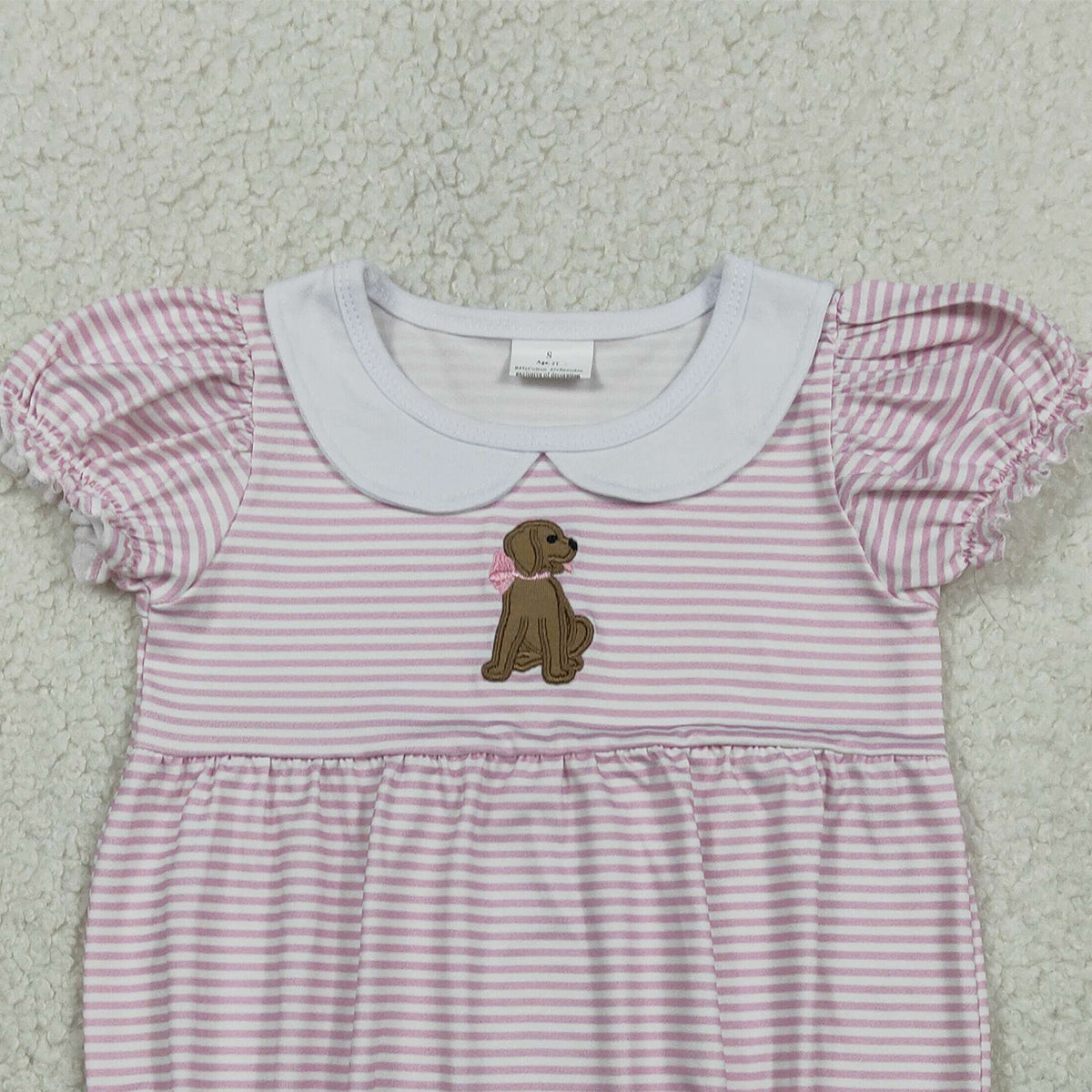 1.23 RTS NO MOQ （In stock）SR3476 Embroidery Bow Dogs Baby Girls Pink Stripe Collar Ruffle Rompers