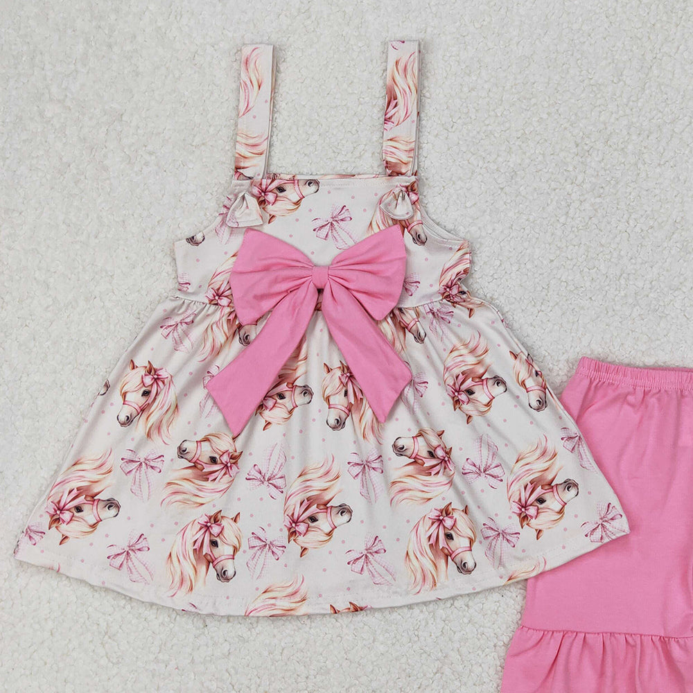 5.16  GSSO2100 RTS NO MOQ Pink bow straps unicorn tunic shorts girls summer outfits