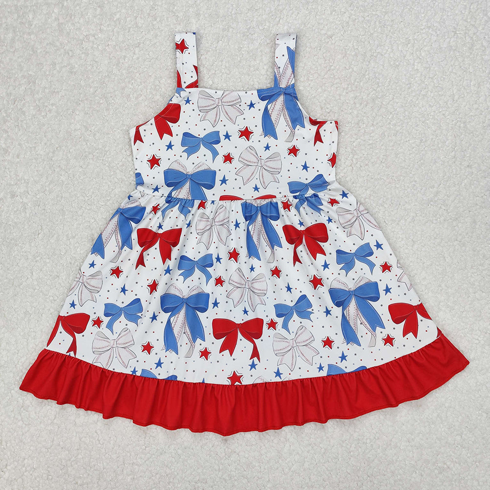GSD1866Baby Girls Straps Dresses Red Blue Baseball Bow Cute Fashionable Kids Clothing