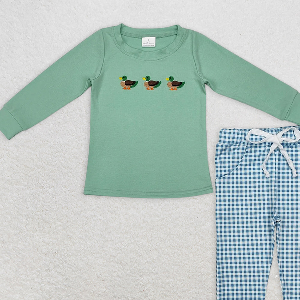 BLP1021RTS NO MOQ Baby Boys Winter Outfits  Long sleeves duck top plaid pants kids boys clothing