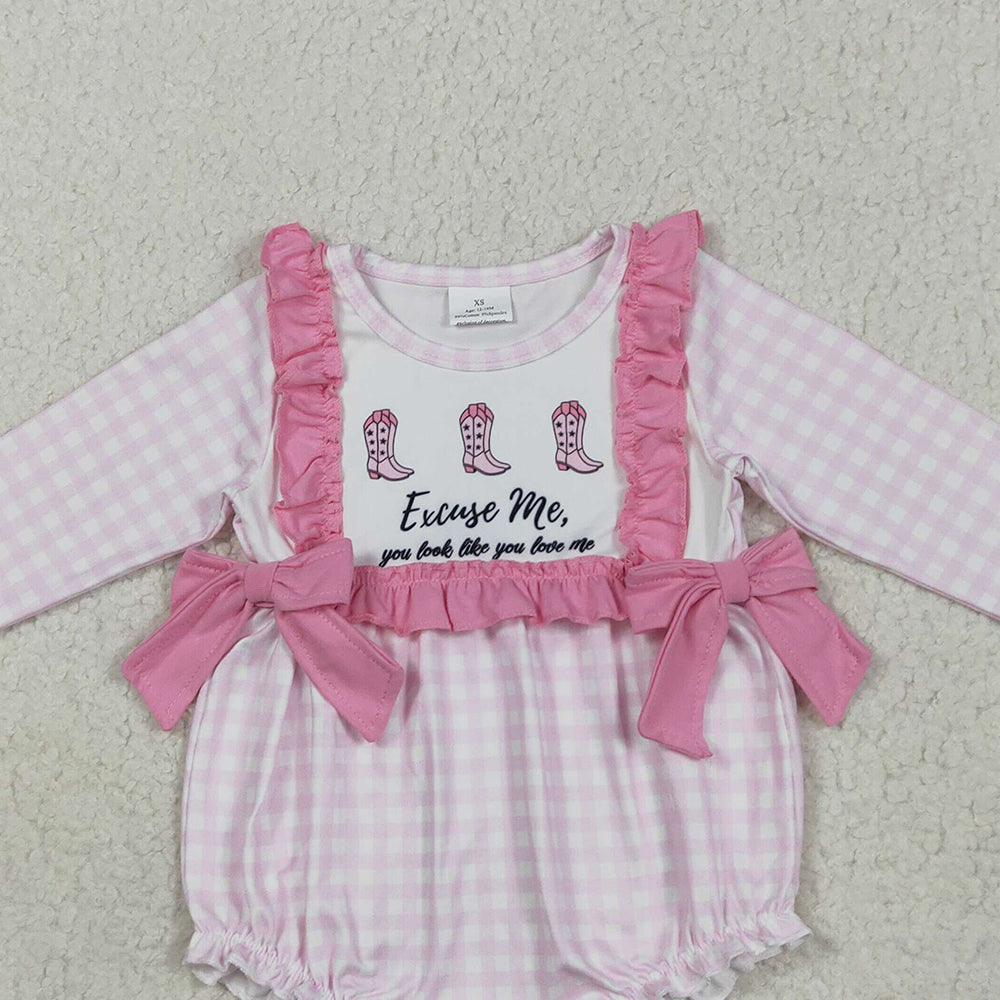 LR2190RTS NO MOQ Baby Girls Winter Rompers Baby Infant Girls Pink Plaid Boots Bows Rompers