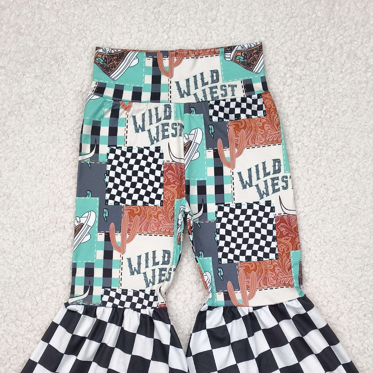 P0751 RTS NO MOQ Baby Girls Pants Wild West Bull Skull Plaid Western Girls Bell Bottom Pants Unique Cowgirl Style Clothing