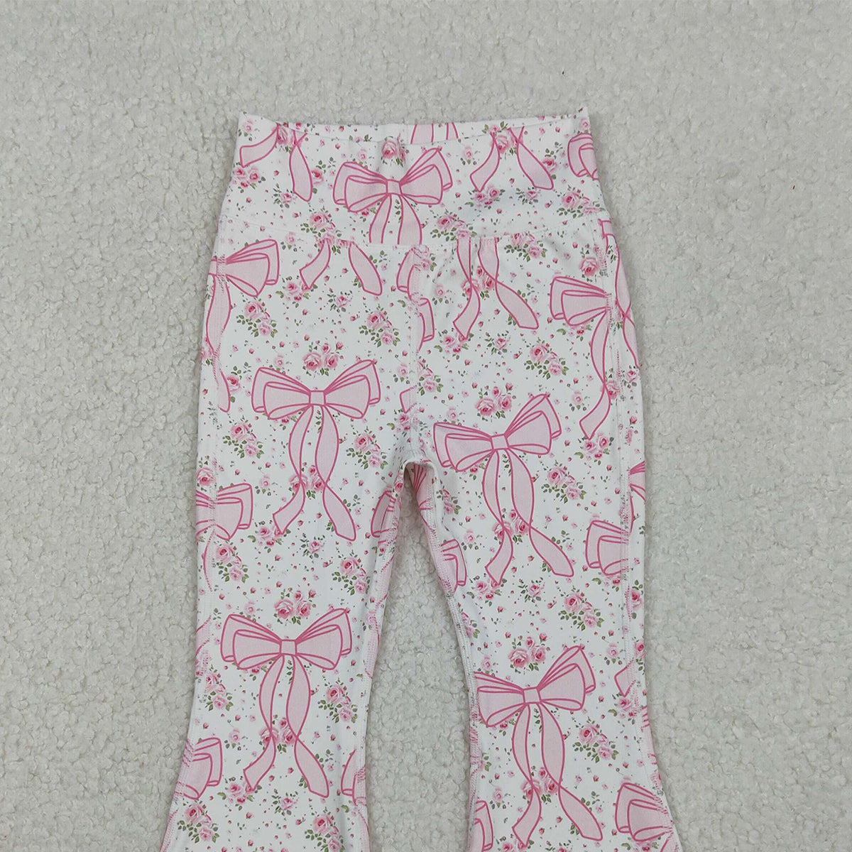 10.13 RTS NO MOQ （In stock）P0773 Baby Girls Pants Baby Girls Pink Floral Bows Bell Bottom Yoga Active Pants
