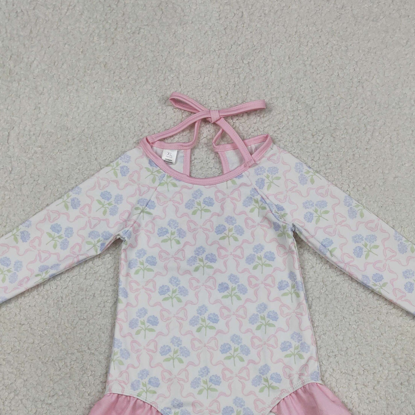 S0655 RTS NO MOQ （In stock ）Long sleeves bow floral baby girls one piece swimsuit