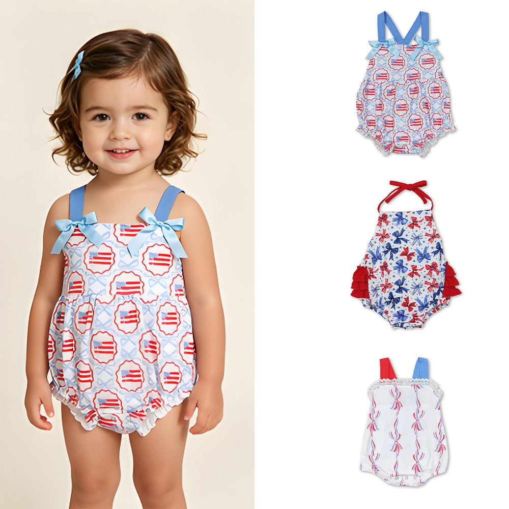 RTS Sibling Straps bow flag baby girls 4th of july romper