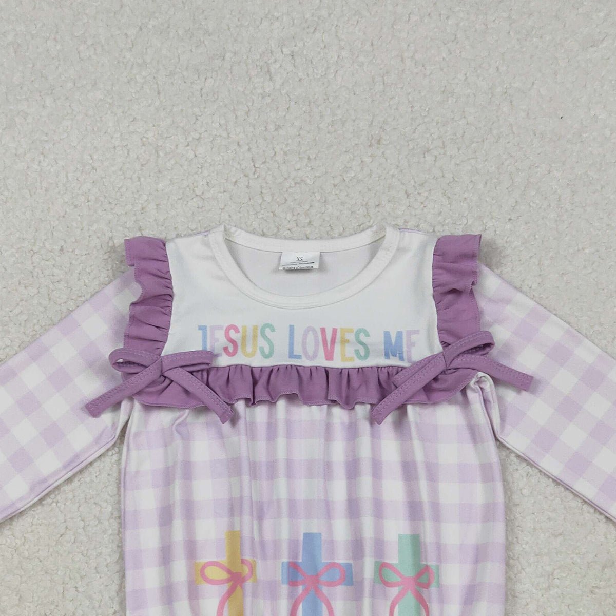 10.17 RTS NO MOQ （In stock）LR2740 Baby Girls Winter Rompers Baby Girls Lavender Checked Jesus Love Me Cross Ruffle Rompers