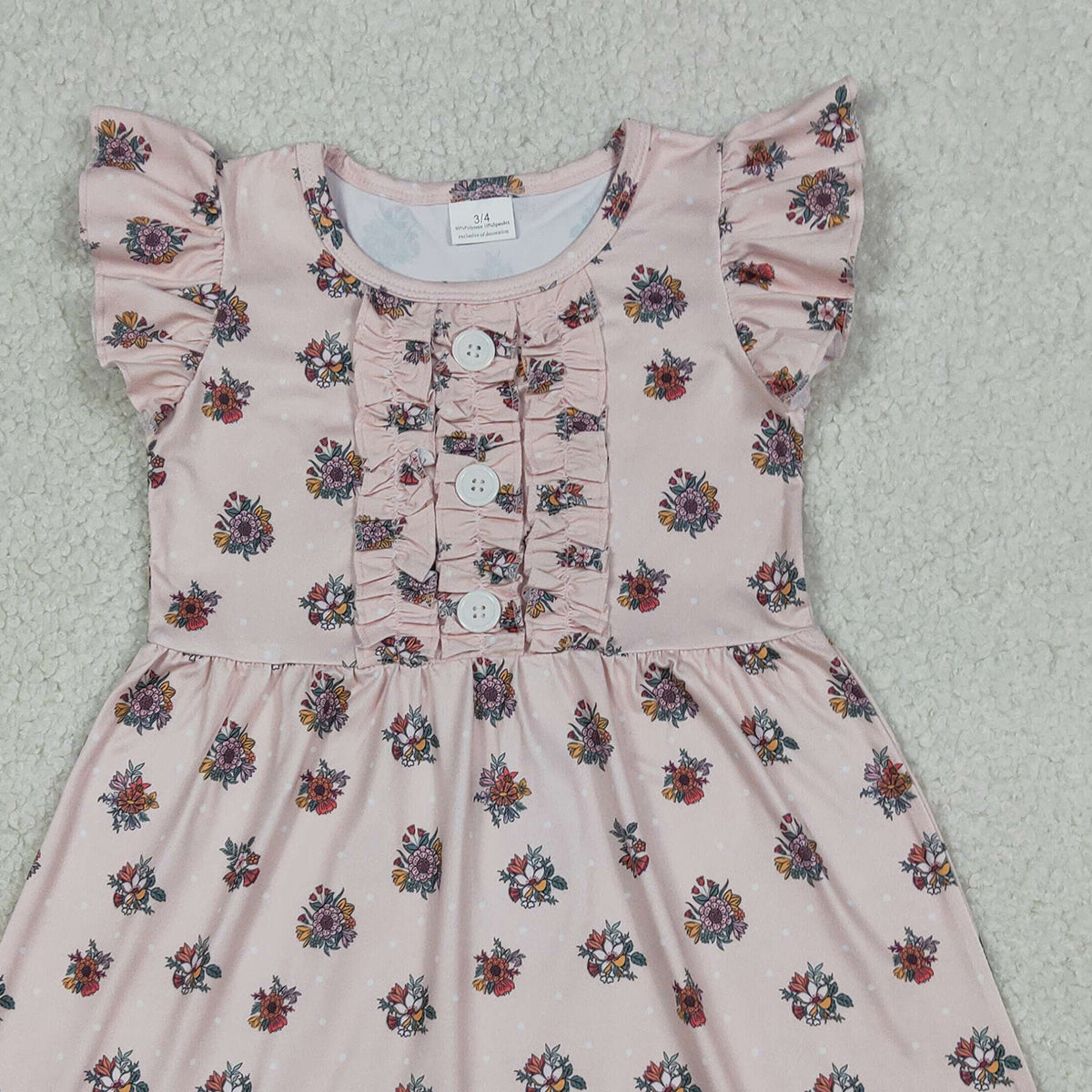 4.11 GSD4092 RTS NO MOQ （In stock ）Baby Girls Flutter Sleeve Flowers Button Ruffle Knee Length Dresses