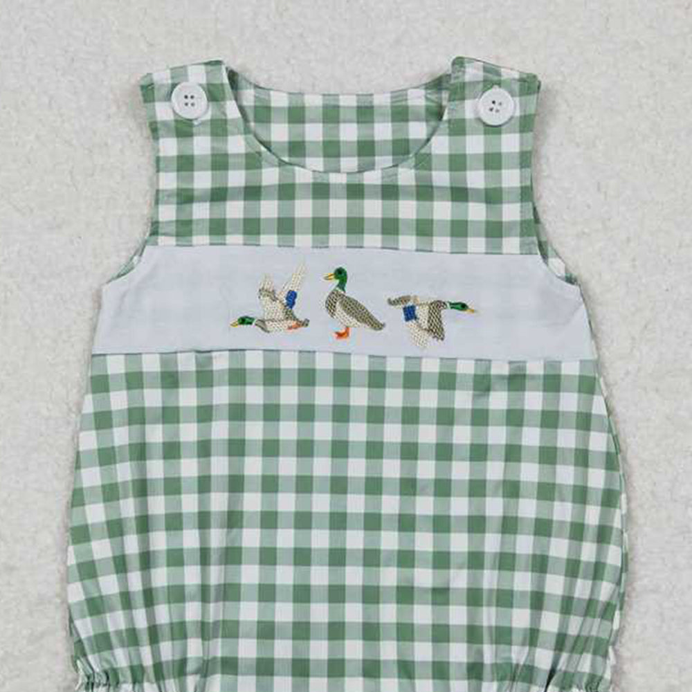 5.16  SR1066 RTS NO MOQ Green plaid sleeveless duck baby boys summer romper