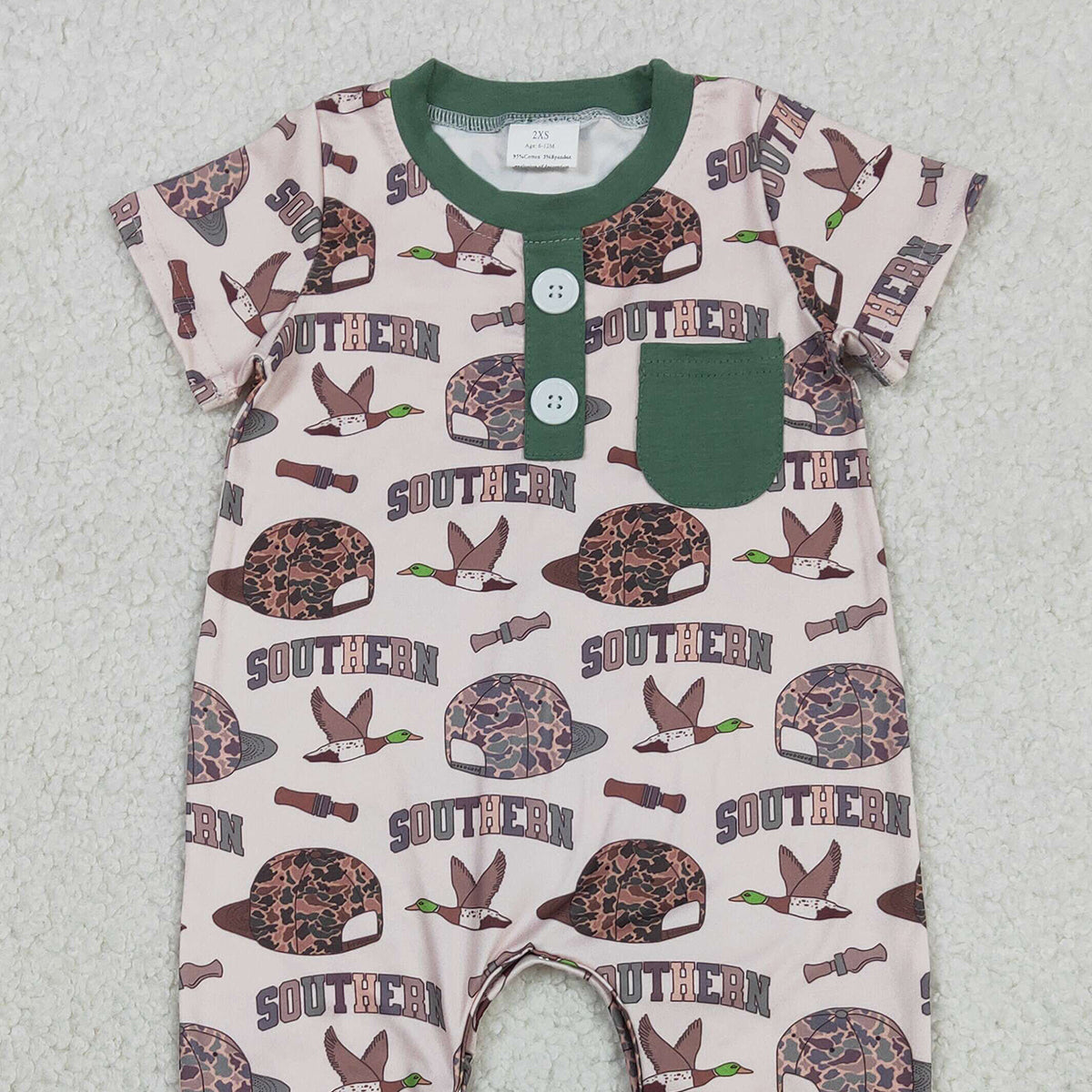 12.6 RTS NO MOQ （In stock）SR3245 Baby Boys Rompers Baby Boys Camo Hats Ducks Button Pocket Southern Footie Rompers