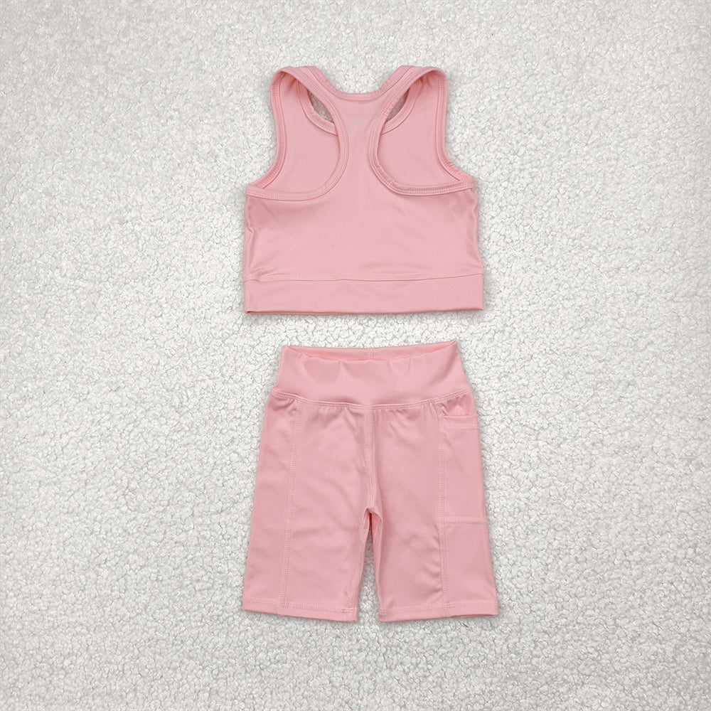 7.03 GSSO1518 RTS NO MOQ Baby Girls Yoga Outfits Baby Girls Pink Vest Top Sports Shorts Clothes Sets