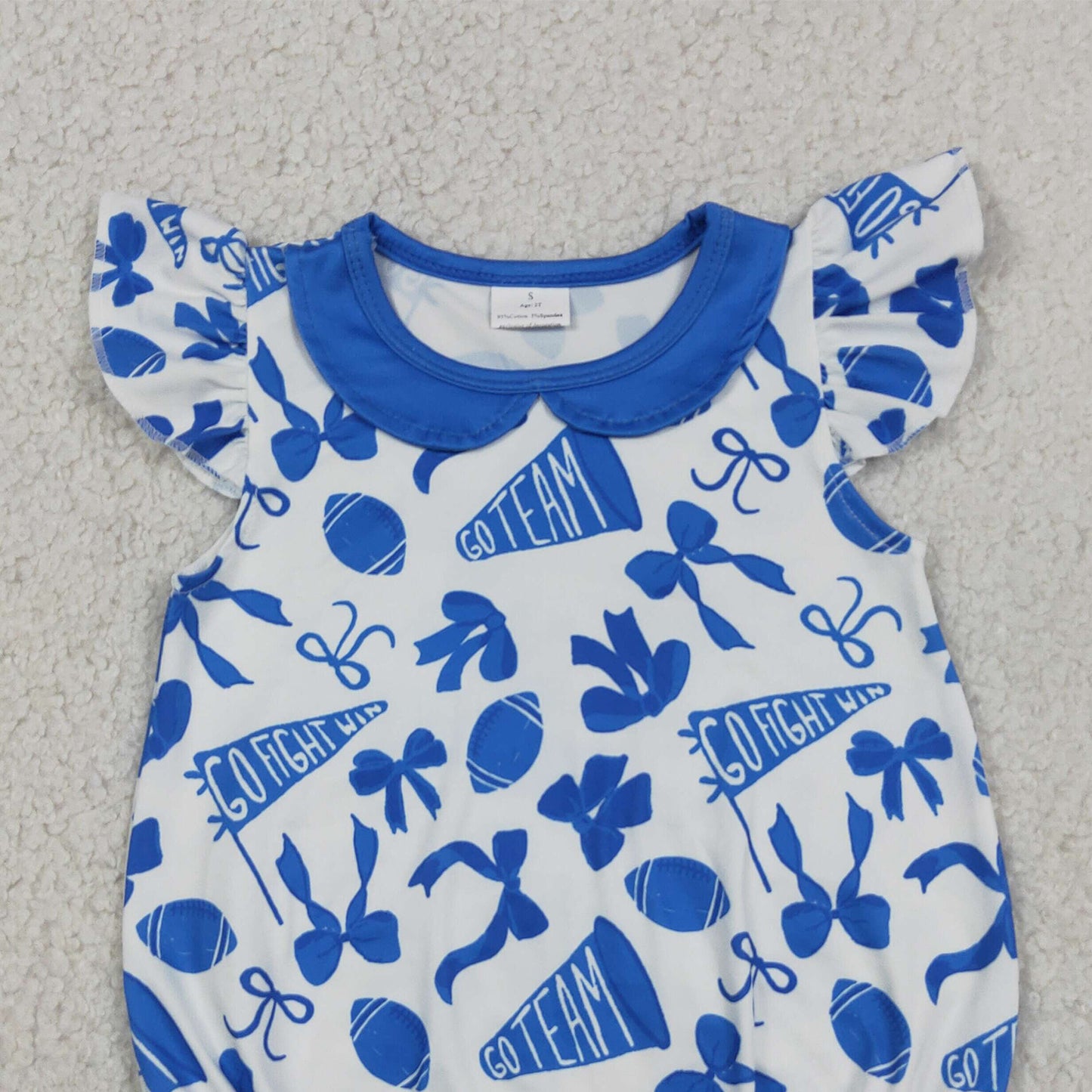 SR3192 RTS NO MOQ （In stock）Flutter sleeves football blue bow baby girls team romper