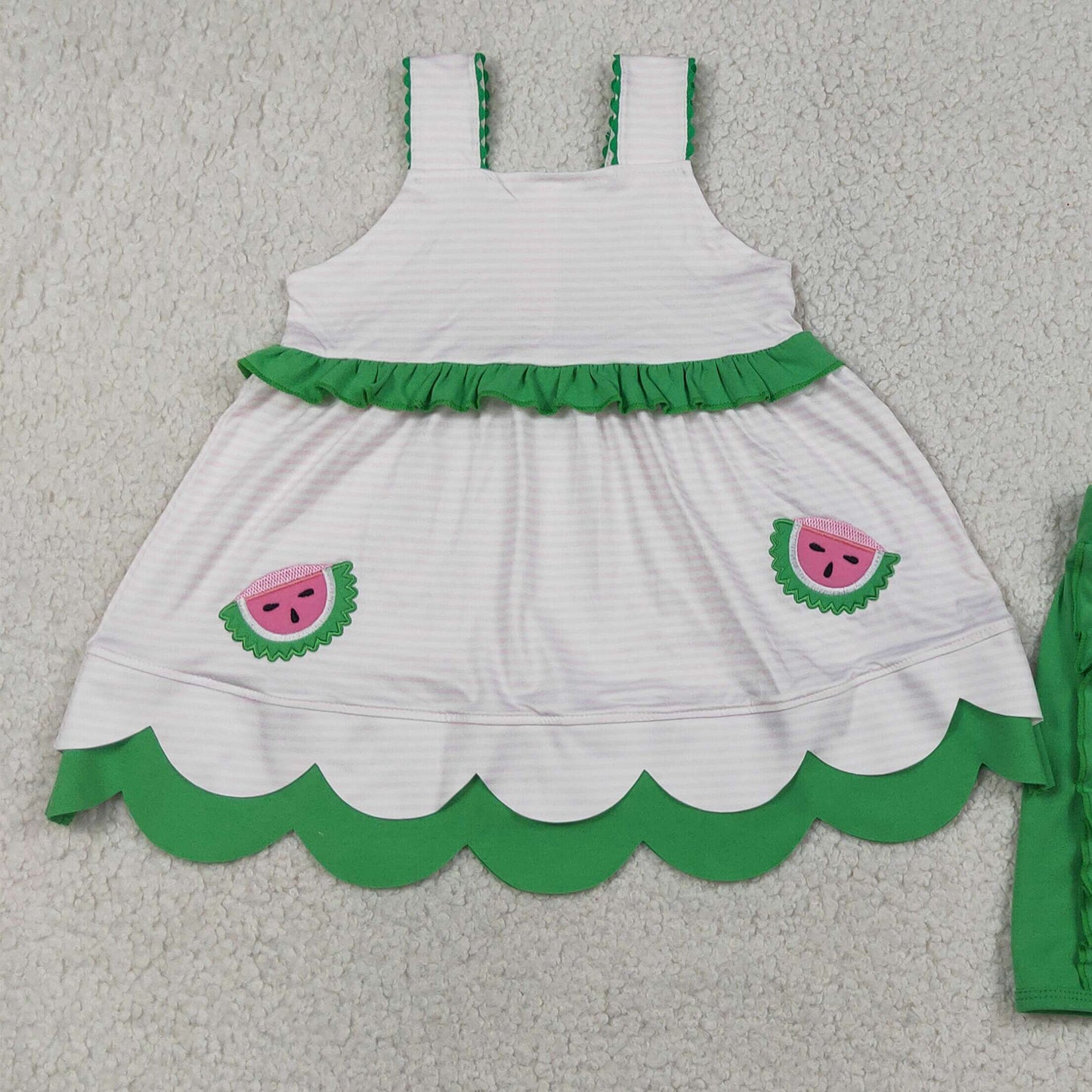 GSSO3164 RTS NO MOQ （In stock）Pink stripe watermelon scallop tunic ruffle shorts girls outfits