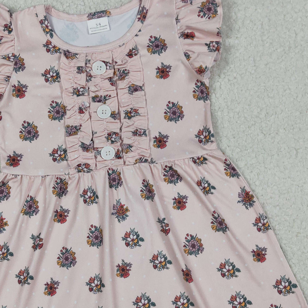 4.11 GSD4092 RTS NO MOQ （In stock ）Baby Girls Flutter Sleeve Flowers Button Ruffle Knee Length Dresses