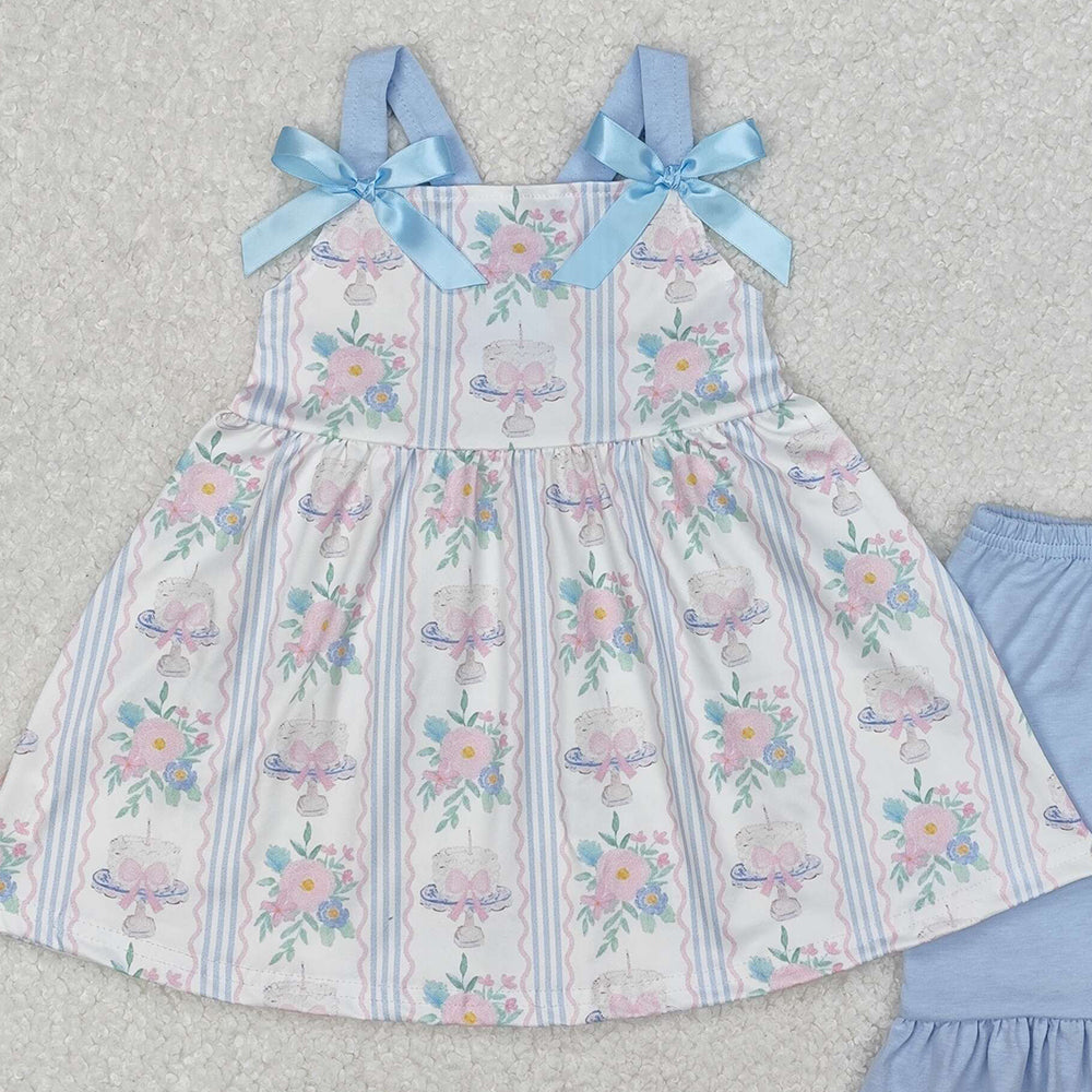 GSSO2087Light Blue Straps Floral Cake Bow Girls Birthday Clothes Cute Feminine Design for Children's Party Outfit