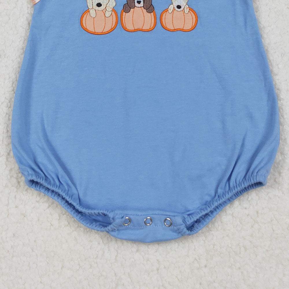 RTS NO MOQ （In stock）SR3190 Baby Boys Summer Rompers Embroidery Dogs Pumpkins Blue Sleeveless Fall Rompers
