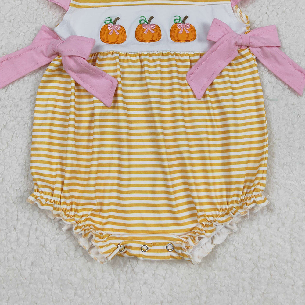 RTS NO MOQ （In stock）SR3125  Baby Girls Summer Rompers Embroidery Baby Girls Flutter Sleeves Yellow Stripe Pumpkins Ruffle Rompers