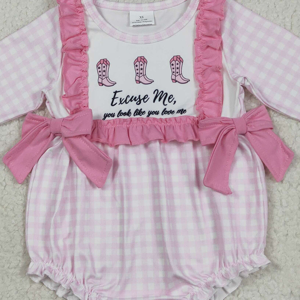 LR2190RTS NO MOQ Baby Girls Winter Rompers Baby Infant Girls Pink Plaid Boots Bows Rompers