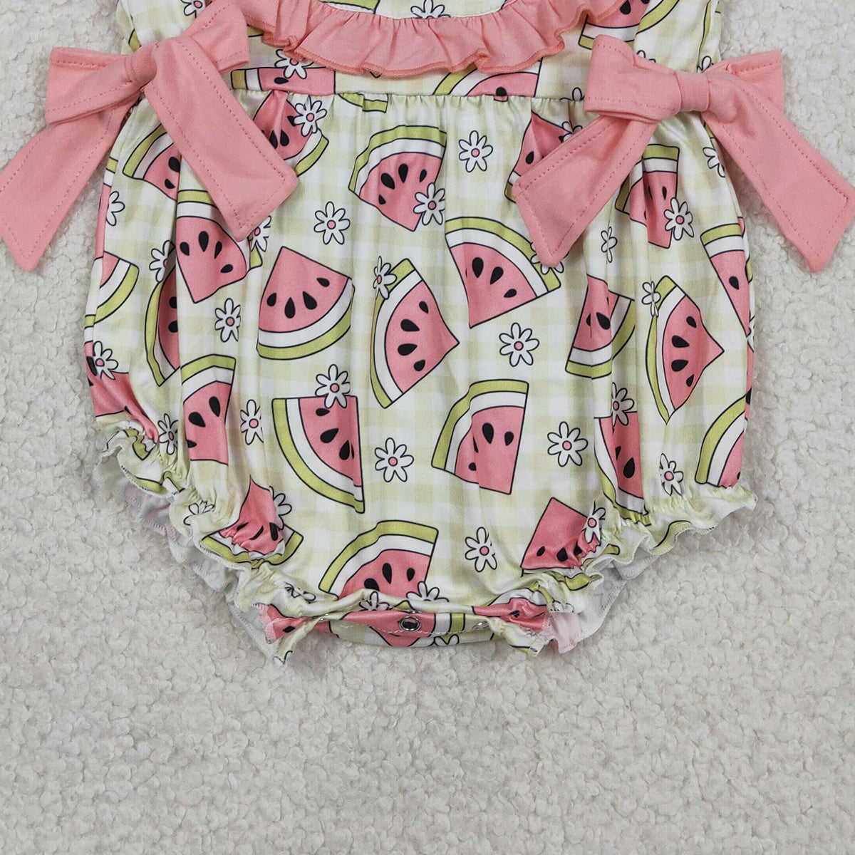 3.3 RTS NO MOQ （In stock）SR3920 Children's Fashion Romper Baby Girls Sleeveless Green Checked Watermelons Ruffle Rompers
