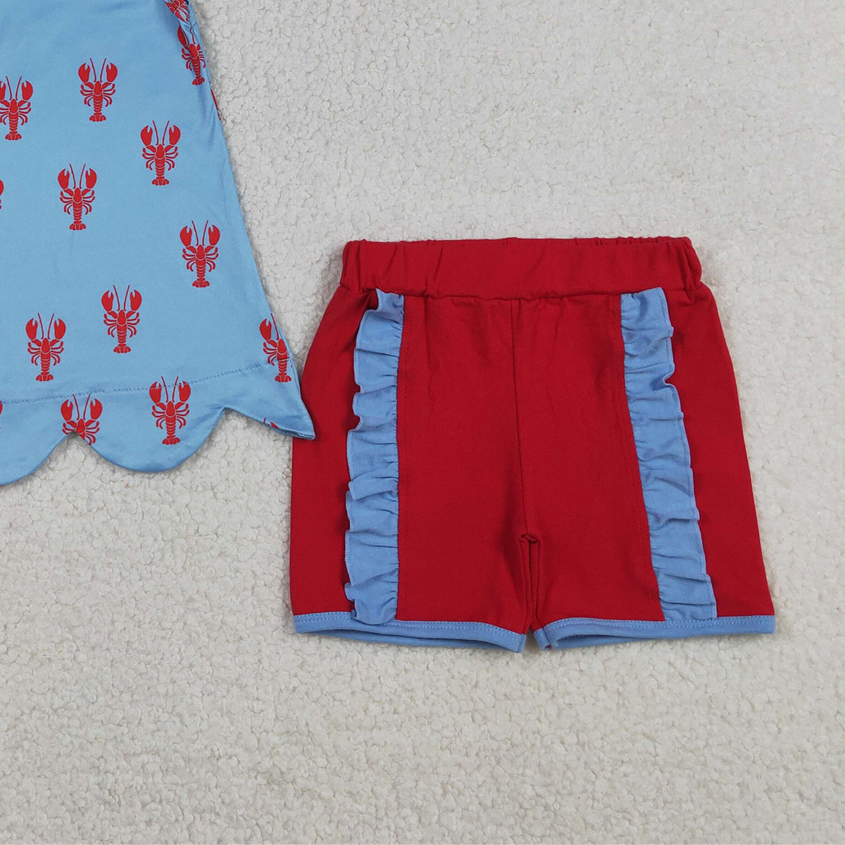 3.27 GSSO3050 RTS NO MOQ （In stock ）Baby Girls Sleeveless Crayfishes Scallop Tunic Ruffle Shorts Clothes Sets