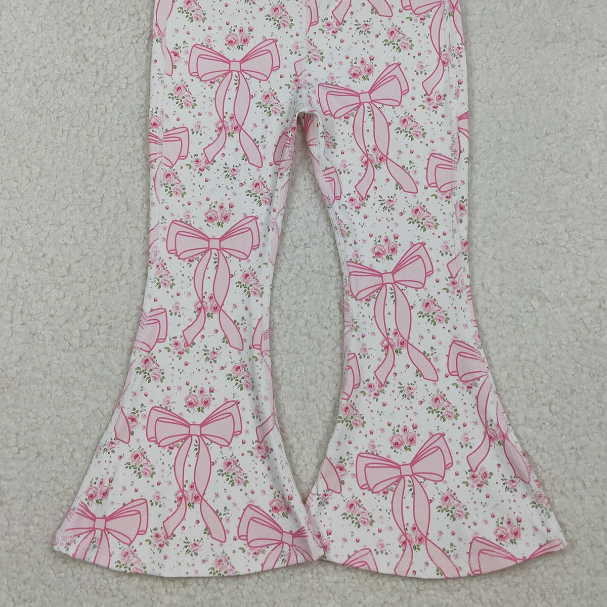 10.13 RTS NO MOQ （In stock）P0773 Baby Girls Pants Baby Girls Pink Floral Bows Bell Bottom Yoga Active Pants