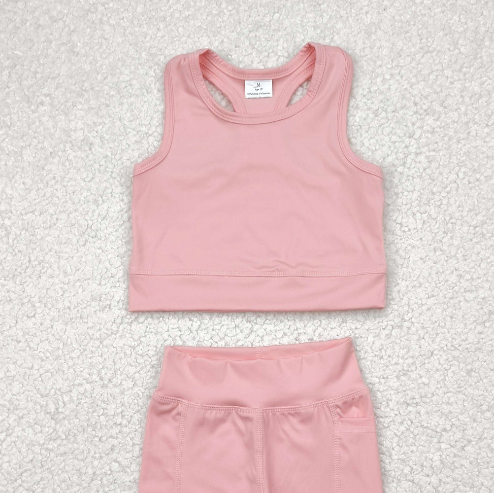 7.03 GSSO1518 RTS NO MOQ Baby Girls Yoga Outfits Baby Girls Pink Vest Top Sports Shorts Clothes Sets