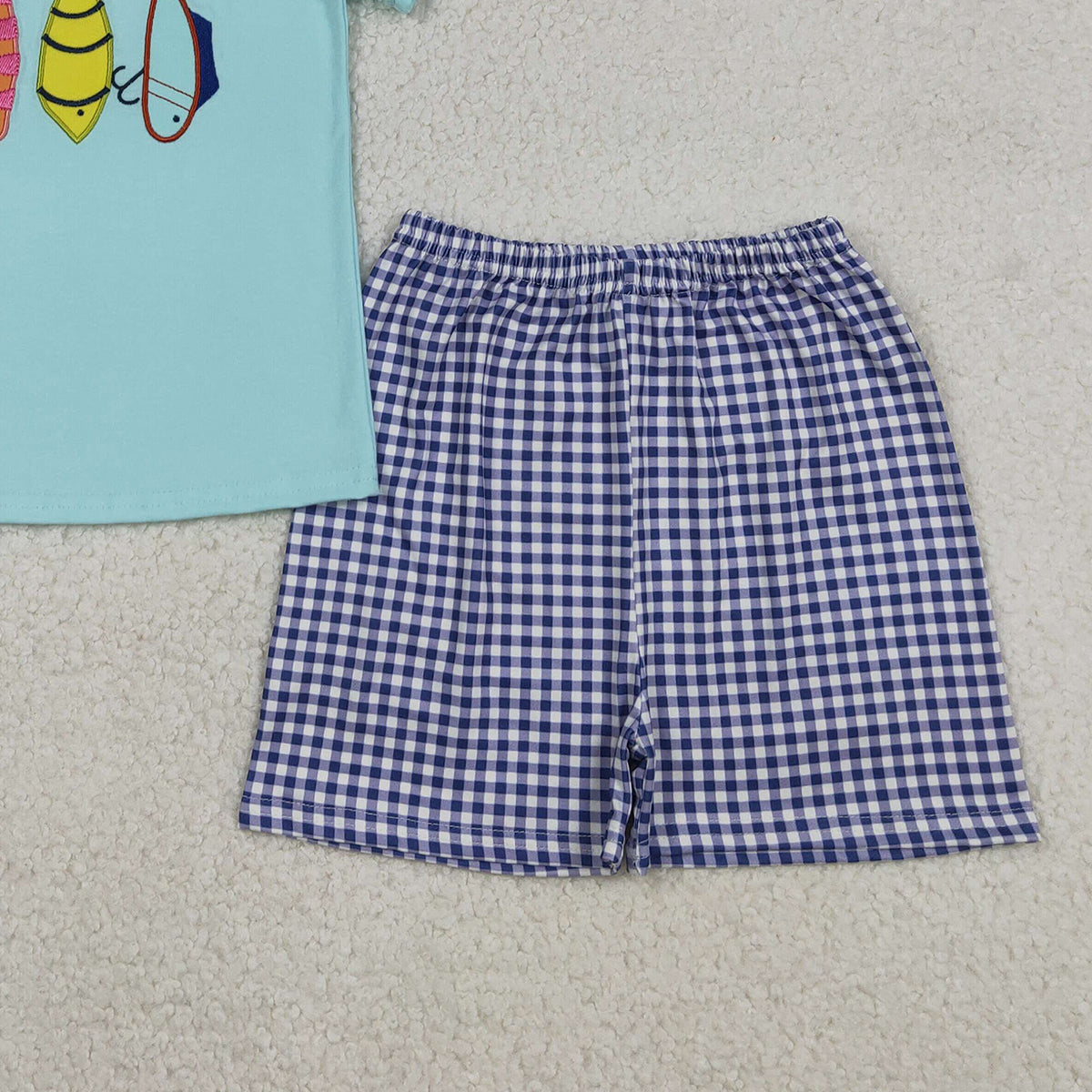 12.4 RTS NO MOQ （In stock）BSSO1628 Embroidery Fishing Baby Boys Top Checked Shorts Hunting Clothes Sets