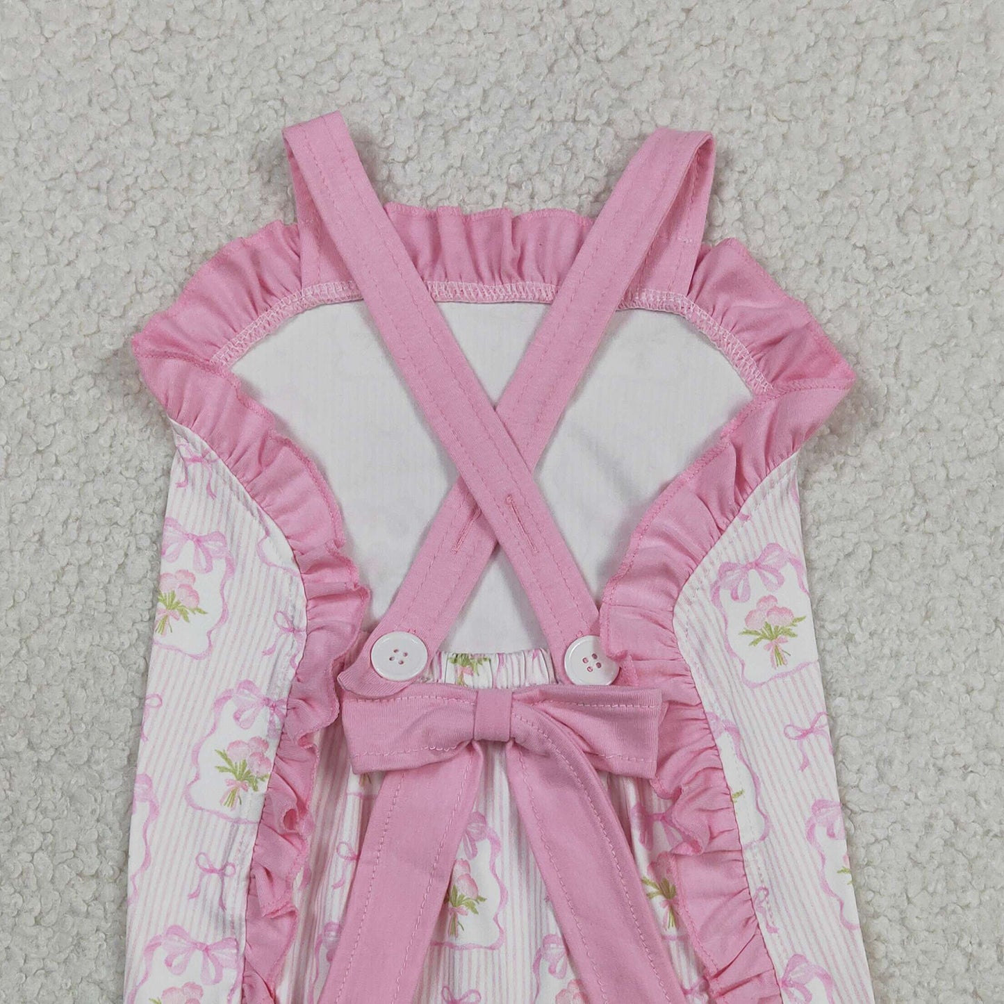 SR4112 RTS NO MOQ （In stock）Pink straps stripe bow floral baby girls summer romper