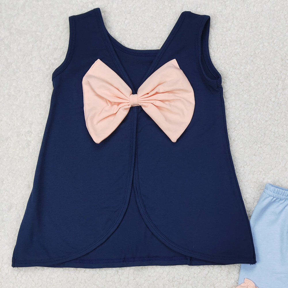 4.30 GSSO2272 RTS NO MOQ Pink bow sleeveless navy tunic shorts girls outfits