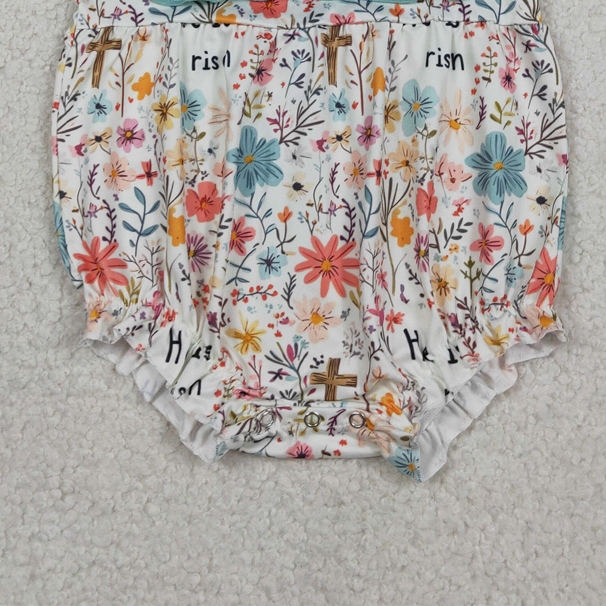 1.21 RTS NO MOQ （In stock）SR3861 Baby Girls Crosses He is Risen Flowers Easter Ruffle Rompers