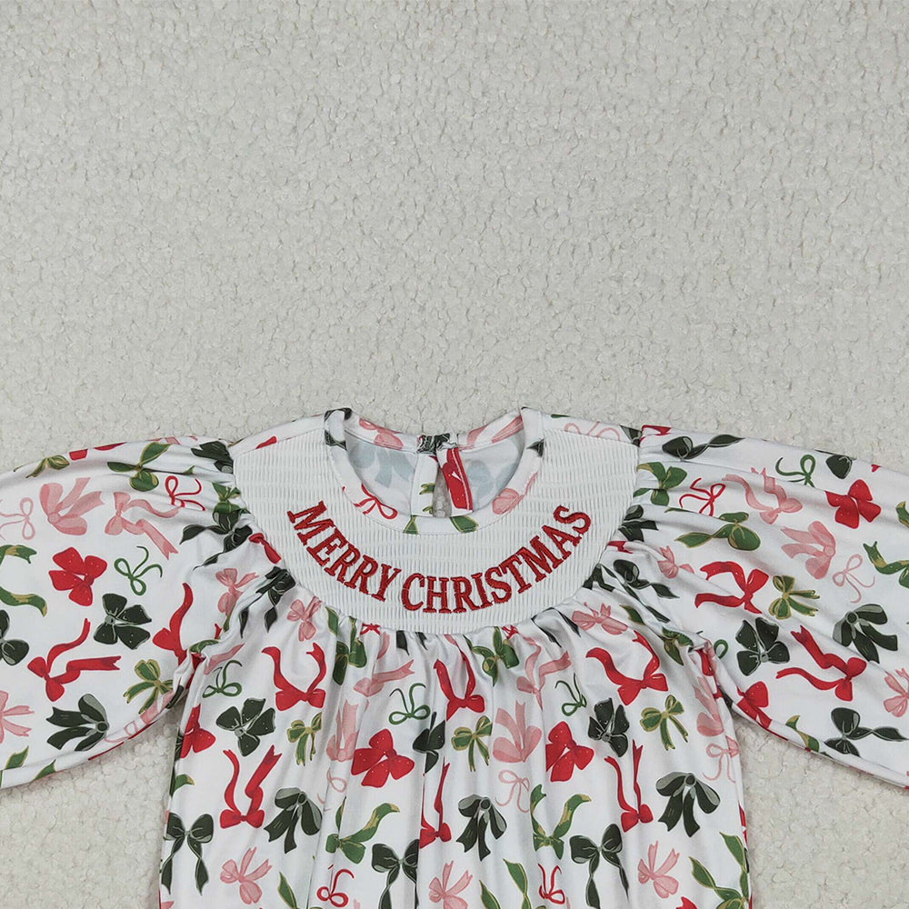 USA Shop (in stock)LR2276 Baby Girls Winter Rompers Baby Girls Smocked Embroidery Merry Christmas Colorful Bows Rompers