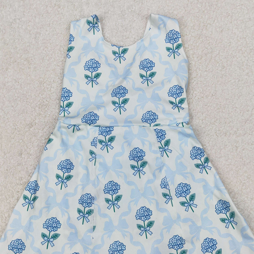 GSD1944 RTS NO MOQ Baby Girls Summer Yoga Dress Sleeveless light blue bow floral baby girls athletic dresses