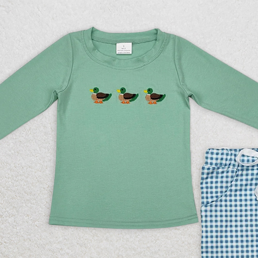 BLP1021RTS NO MOQ Baby Boys Winter Outfits  Long sleeves duck top plaid pants kids boys clothing