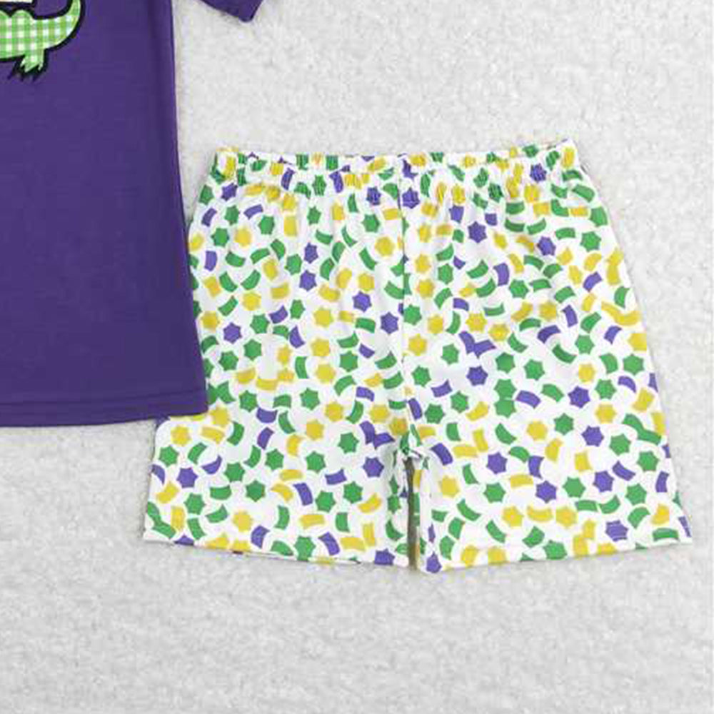 BSSO0410Boys Crocodile Embroidery Top Shorts Outfit Mardi Gras Theme Children's Clothing Set