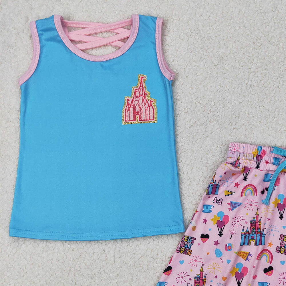 4.30 GSD2072  RTS NO MOQ Blue sleeveless castle top skirt toddler girls clothes
