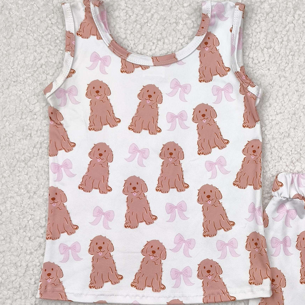 7.19  GSSO2475RTS NO MOQ Baby Girls Outfits baby girl clothes yoga puppy bow sleeveless shorts set