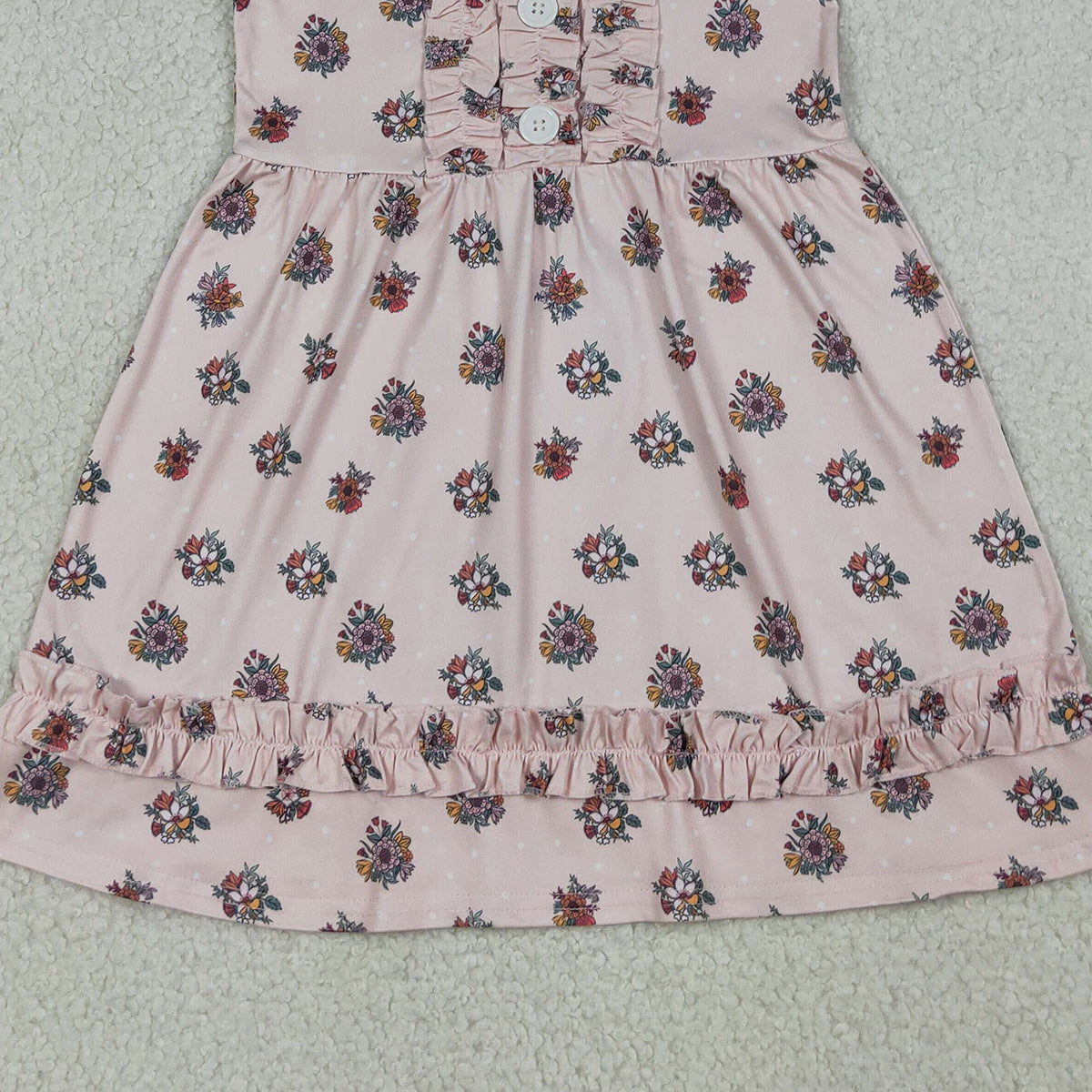 4.11 GSD4092 RTS NO MOQ （In stock ）Baby Girls Flutter Sleeve Flowers Button Ruffle Knee Length Dresses