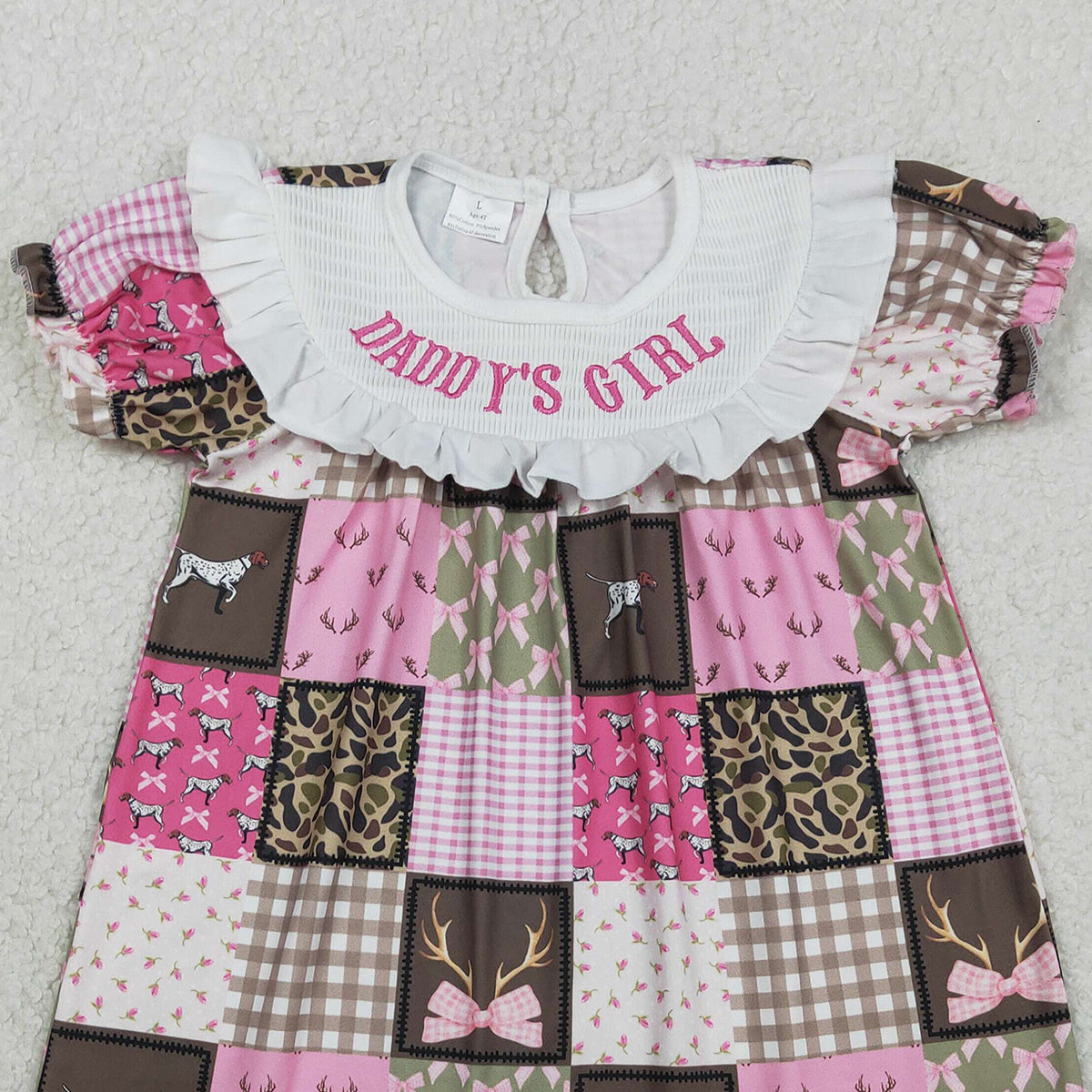 1.27 RTS NO MOQ （In stock）GSD3484 Smocked Daddy's Girls Deer Dogs Bows Checked Hunting Knee Length Dresses