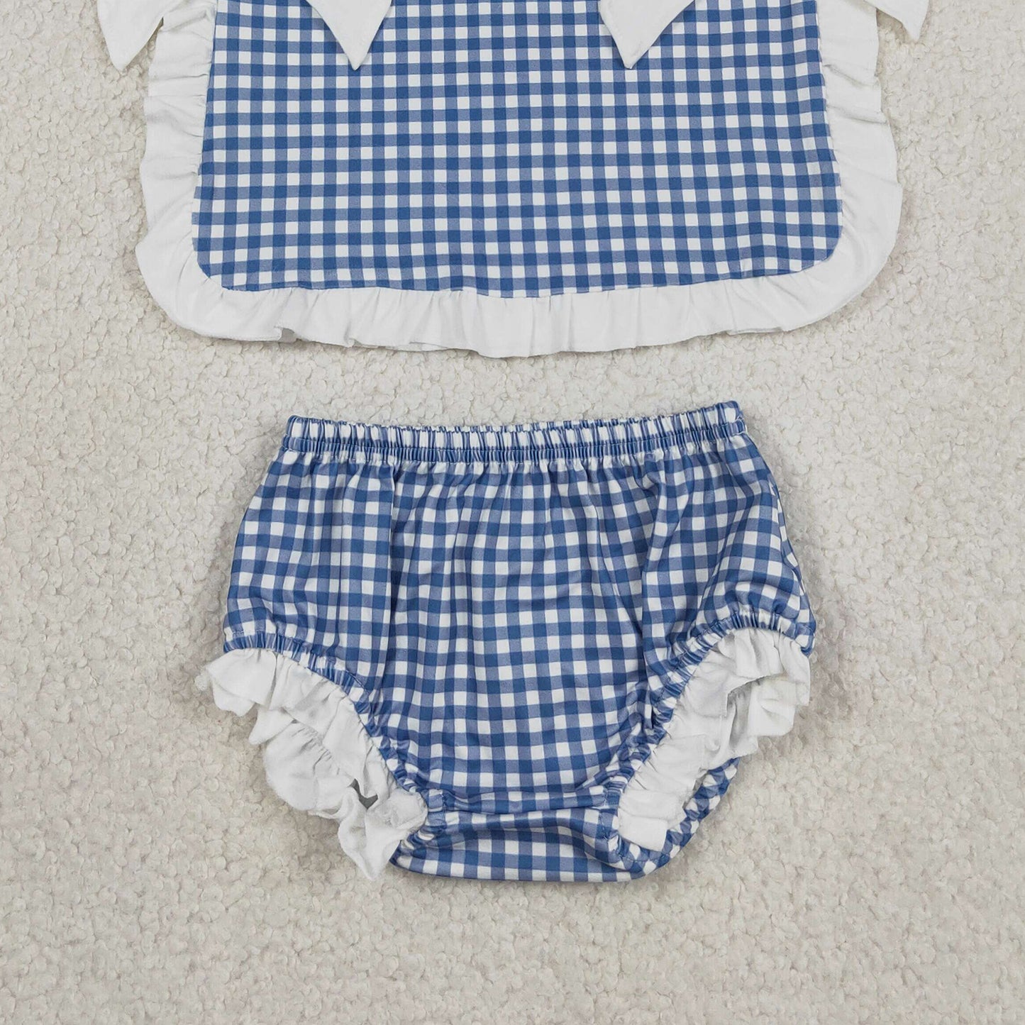 GBO0528 RTS NO MOQ （In stock）Ruffle bow blue plaid baby girls summer bummies set