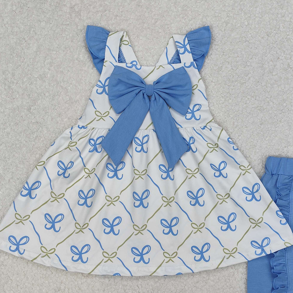 GSSO2109Girls Tunic Top with Flutter Sleeves Light Bow Detail Ruffle Shorts Set Cute Casual Outfit for Kids
