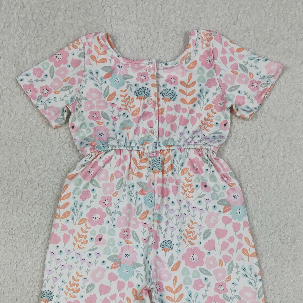4.7 SR3987 RTS NO MOQ （In stock) Short sleeves pink floral pockets kids girls jumpsuit