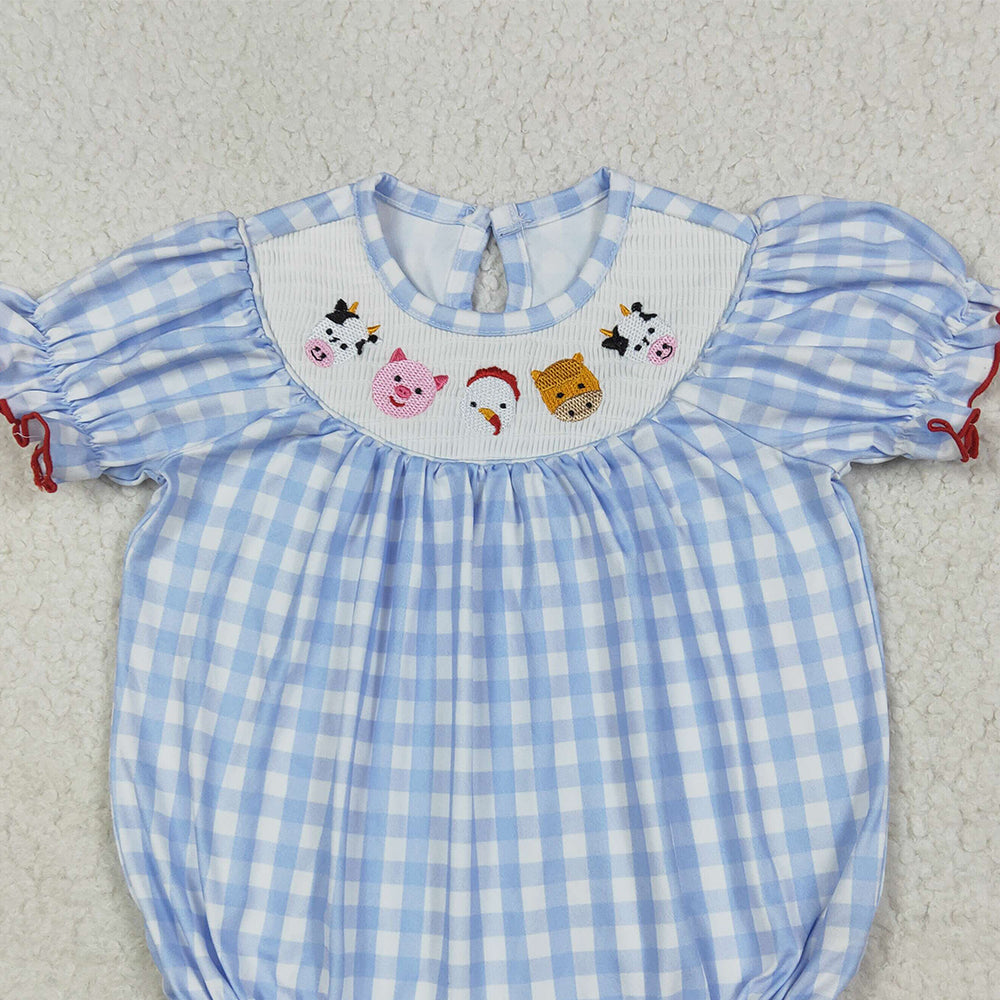 SR2981 RTS NO MOQ Baby Girls Summer Rompers Short sleeves blue plaid cow pig chicken baby girls romper